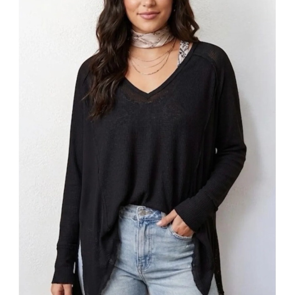 Free People Laguna Thermal Top Women's S Black V-Neck Waffle‎ Knit Oversized